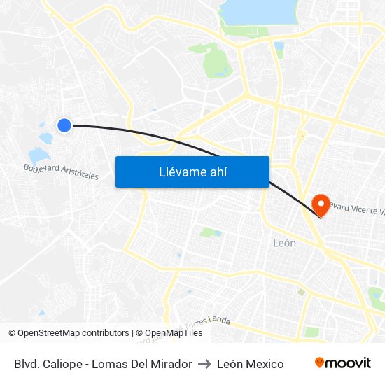 Blvd. Caliope - Lomas Del Mirador to León Mexico map