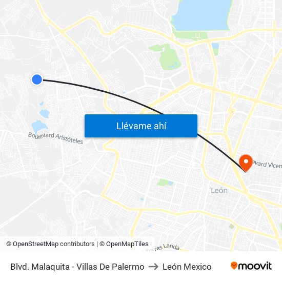 Blvd. Malaquita - Villas De Palermo to León Mexico map