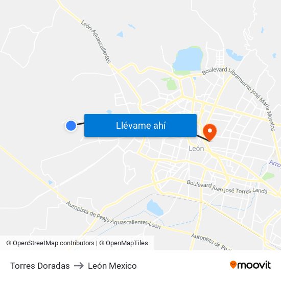 Torres Doradas to León Mexico map