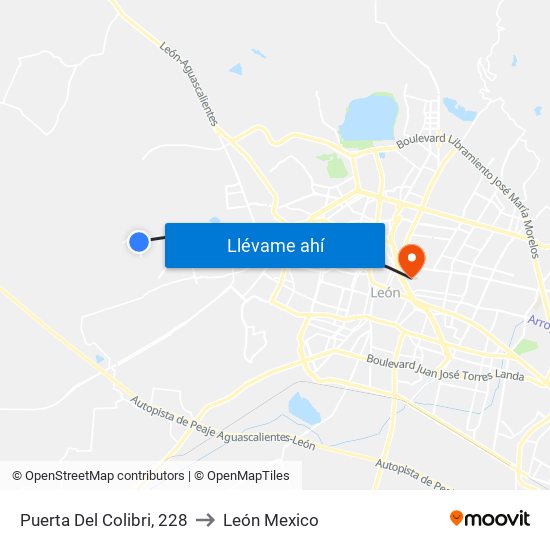 Puerta Del Colibri, 228 to León Mexico map