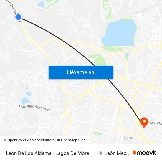 León De Los Aldama - Lagos De Moreno, 44 to León Mexico map
