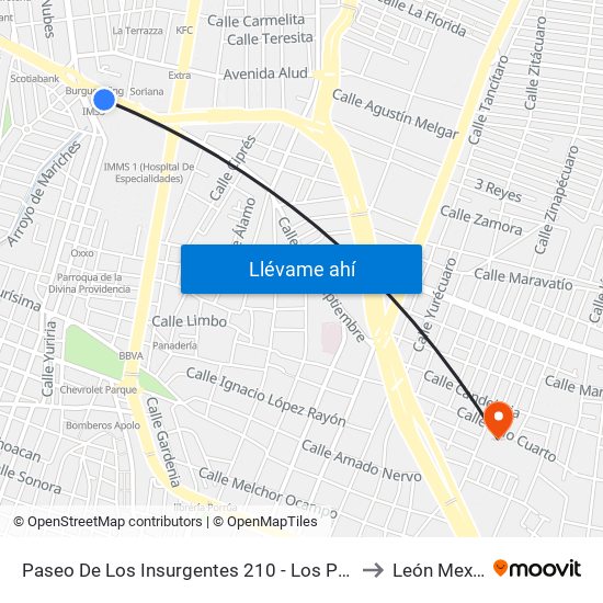 Paseo De Los Insurgentes 210 -  Los Paraísos to León Mexico map