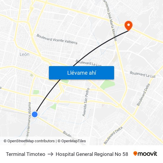 Terminal Timoteo to Hospital General Regional No 58 map