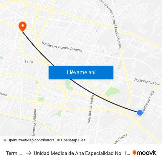 Terminal Delta to Unidad Medica de Alta Especialidad No. 1 Centro Medico Nacional Bajio IMSS map