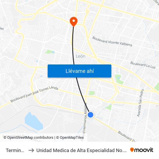 Terminal Timoteo to Unidad Medica de Alta Especialidad No. 1 Centro Medico Nacional Bajio IMSS map