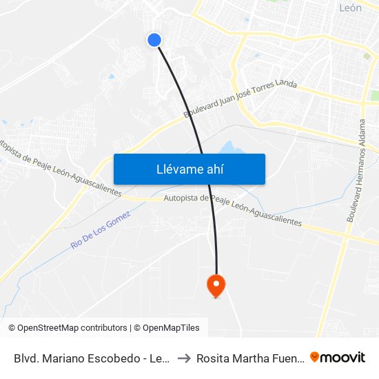 Blvd. Mariano Escobedo - León II to Rosita Martha Fuentes map