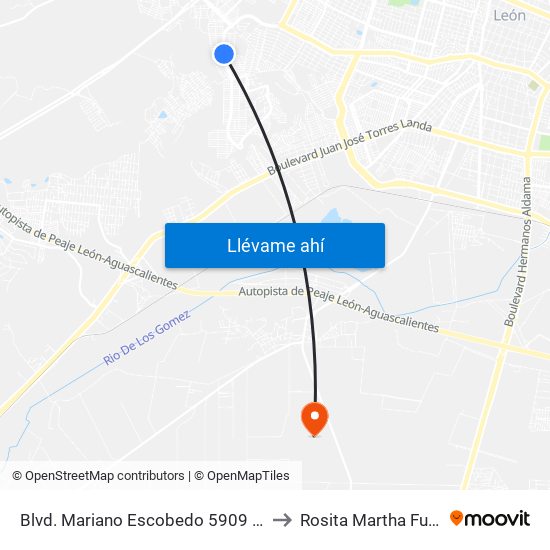 Blvd. Mariano Escobedo 5909 - León II to Rosita Martha Fuentes map