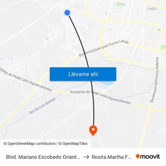 Blvd. Mariano Escobedo Oriente - León II to Rosita Martha Fuentes map