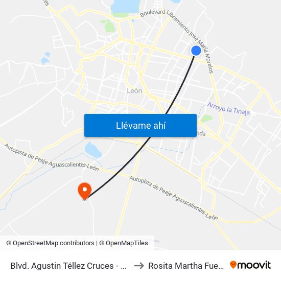 Blvd. Agustin Téllez Cruces - León I to Rosita Martha Fuentes map