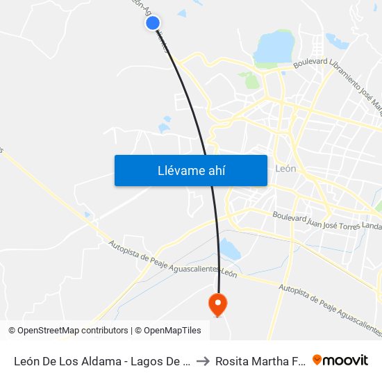 León De Los Aldama - Lagos De Moreno, 44 to Rosita Martha Fuentes map