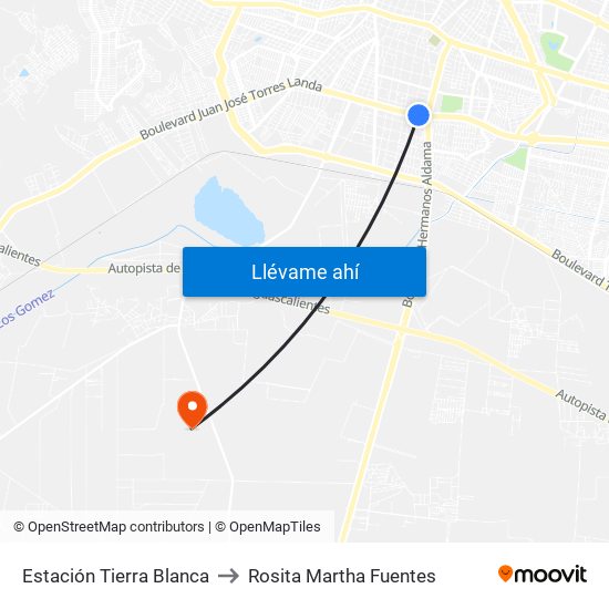 Estación Tierra Blanca to Rosita Martha Fuentes map