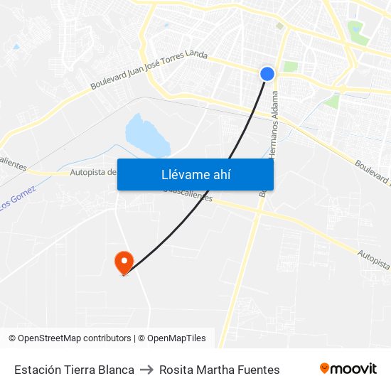 Estación Tierra Blanca to Rosita Martha Fuentes map