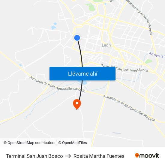 Terminal San Juan Bosco to Rosita Martha Fuentes map