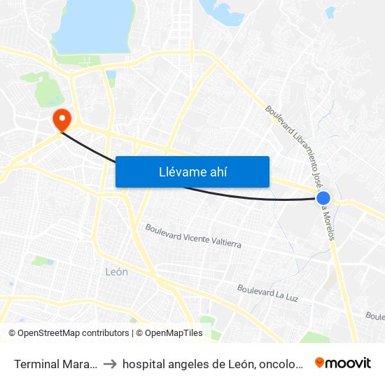 Terminal Maravillas to hospital angeles de León, oncología center. map