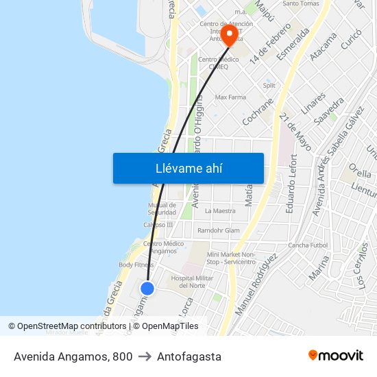 Avenida Angamos, 800 to Antofagasta map