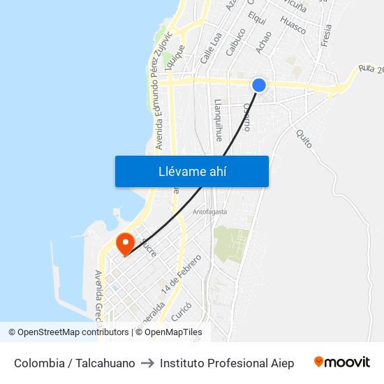 Colombia / Talcahuano to Instituto Profesional Aiep map