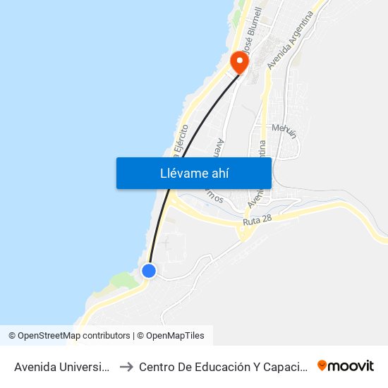 Avenida Universidad De Antofagasta, 2351 to Centro De Educación Y Capacitación De La Universidad Católica Del Norte map