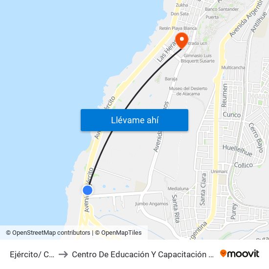 Ejército/ Cerro Paranal to Centro De Educación Y Capacitación De La Universidad Católica Del Norte map