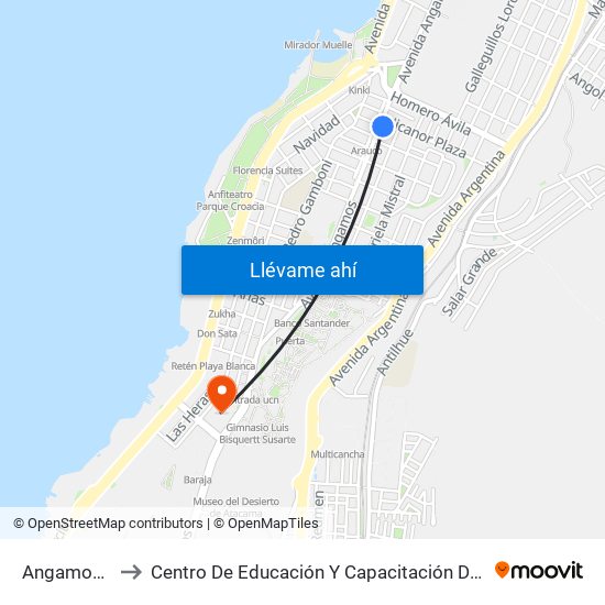 Angamos/ Hornitos to Centro De Educación Y Capacitación De La Universidad Católica Del Norte map