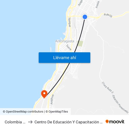 Colombia / Talcahuano to Centro De Educación Y Capacitación De La Universidad Católica Del Norte map