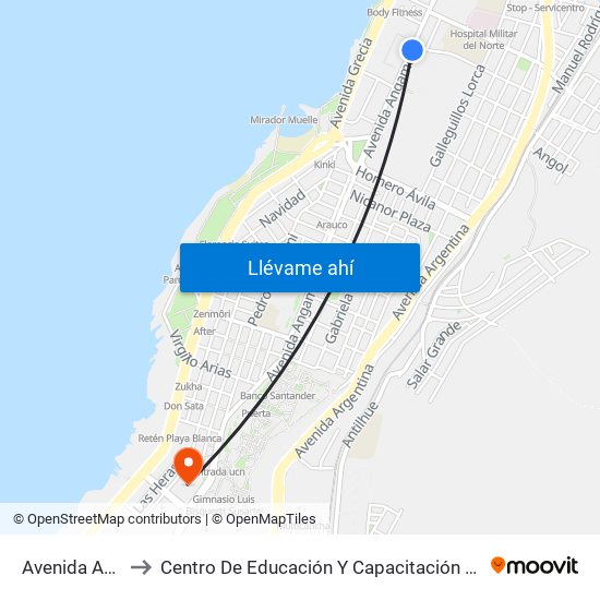 Avenida Angamos, 800 to Centro De Educación Y Capacitación De La Universidad Católica Del Norte map