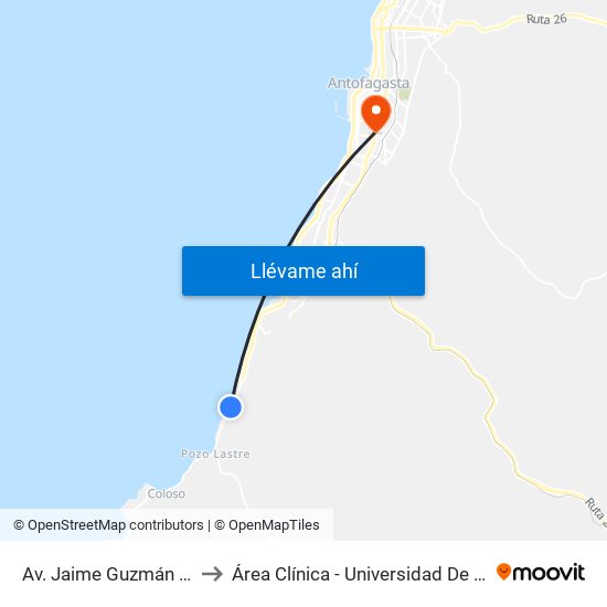 Av. Jaime Guzmán Errázuriz to Área Clínica - Universidad De Antofagasta map