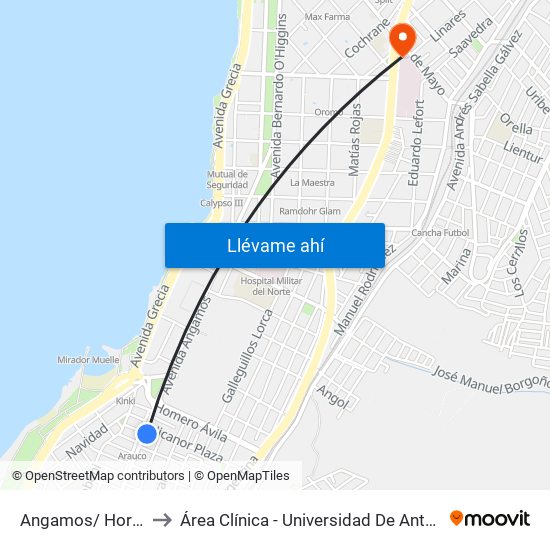 Angamos/ Hornitos to Área Clínica - Universidad De Antofagasta map