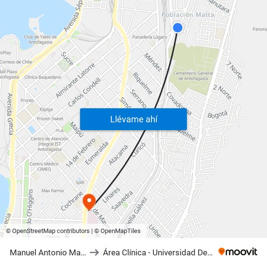 Manuel Antonio Matta, 3236 to Área Clínica - Universidad De Antofagasta map