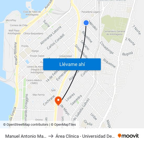 Manuel Antonio Matta, 3113 to Área Clínica - Universidad De Antofagasta map