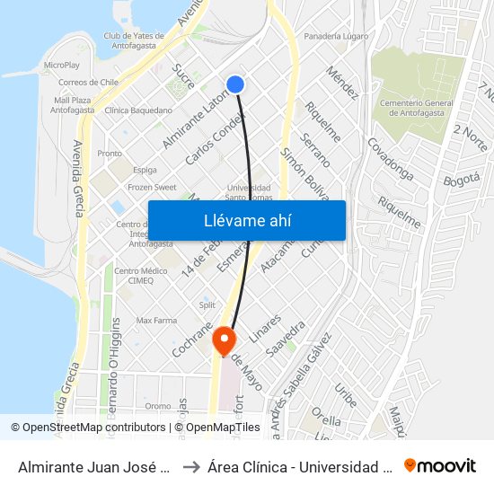 Almirante Juan José Latorre, 2827 to Área Clínica - Universidad De Antofagasta map