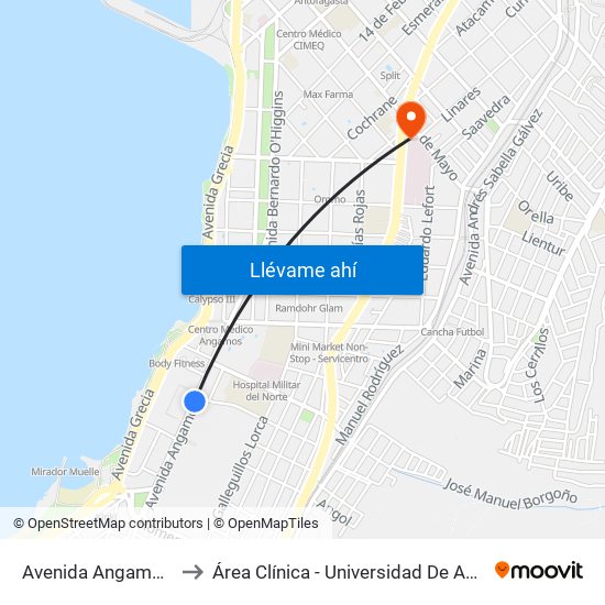 Avenida Angamos, 800 to Área Clínica - Universidad De Antofagasta map