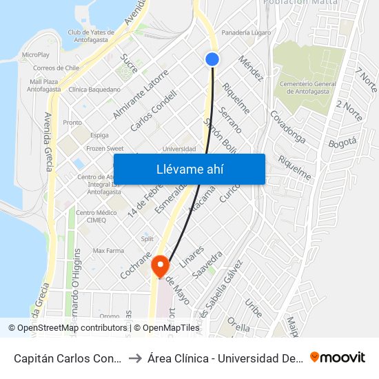 Capitán Carlos Condell, 3034 to Área Clínica - Universidad De Antofagasta map