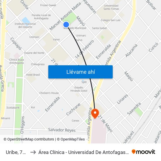 Uribe, 746 to Área Clínica - Universidad De Antofagasta map