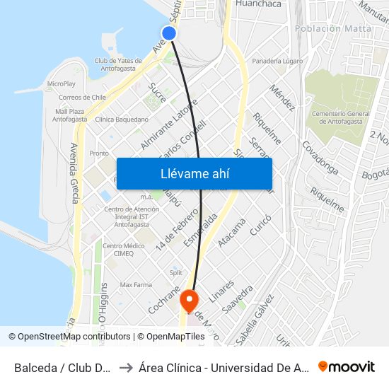 Balceda / Club De Yates to Área Clínica - Universidad De Antofagasta map