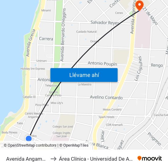 Avenida Angamos, 303 to Área Clínica - Universidad De Antofagasta map