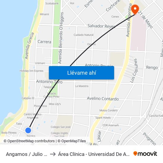 Angamos / Julio Pistelli to Área Clínica - Universidad De Antofagasta map