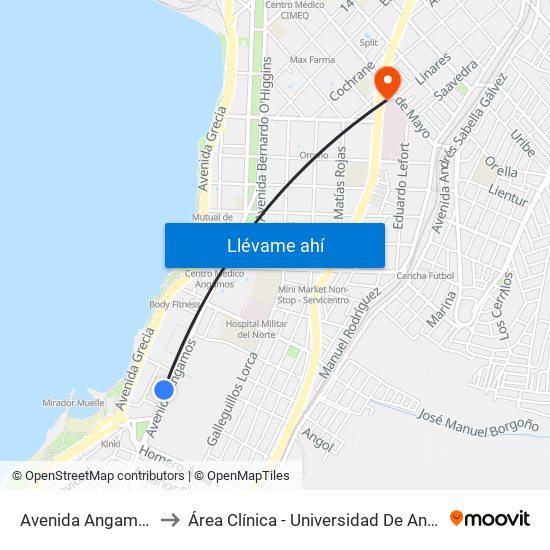 Avenida Angamos, 28 to Área Clínica - Universidad De Antofagasta map