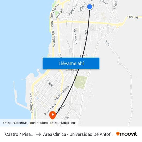 Castro / Pisagua to Área Clínica - Universidad De Antofagasta map