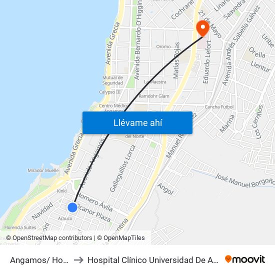 Angamos/ Hornitos to Hospital Clínico Universidad De Antofagasta map