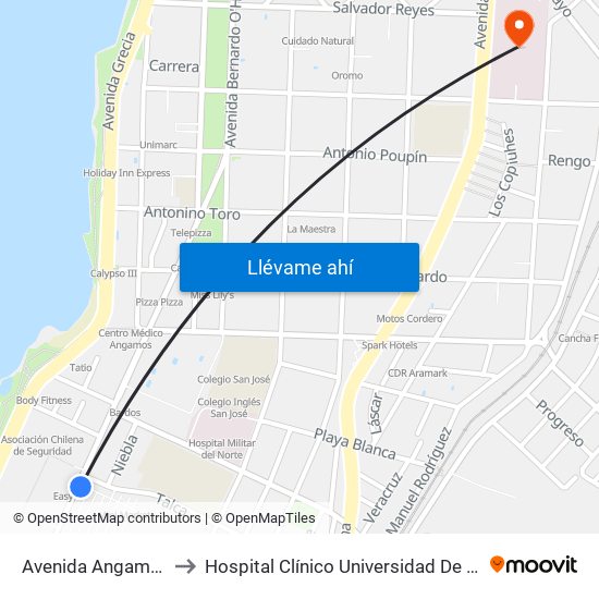 Avenida Angamos, 800 to Hospital Clínico Universidad De Antofagasta map