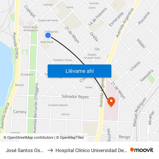 José Santos Ossa, 1994 to Hospital Clínico Universidad De Antofagasta map