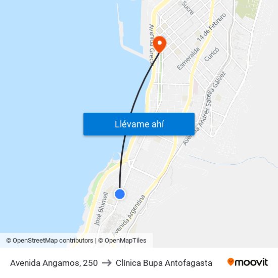 Avenida Angamos, 250 to Clínica Bupa Antofagasta map