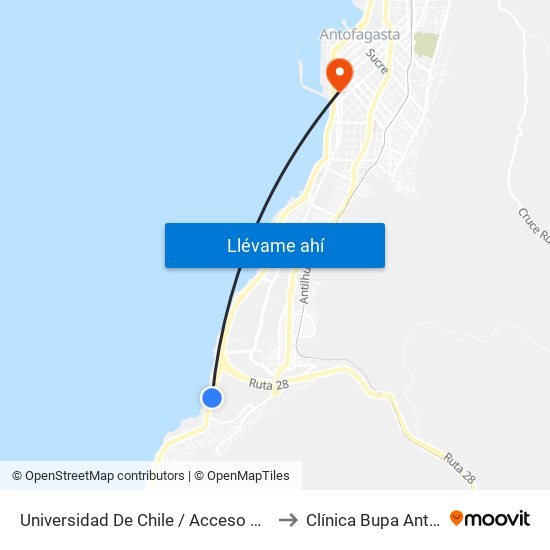 Universidad De Chile / Acceso Campus Coloso to Clínica Bupa Antofagasta map