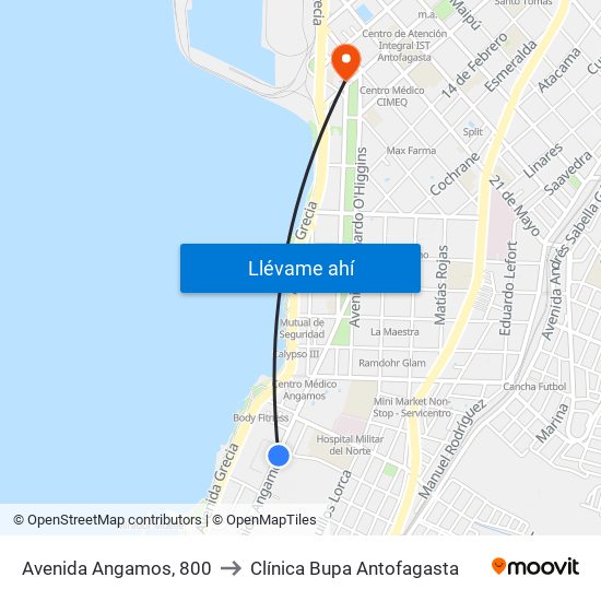 Avenida Angamos, 800 to Clínica Bupa Antofagasta map