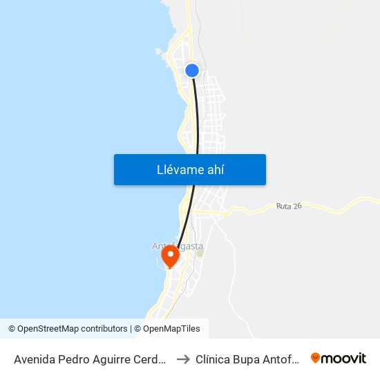 Avenida Pedro Aguirre Cerda, 10661 to Clínica Bupa Antofagasta map