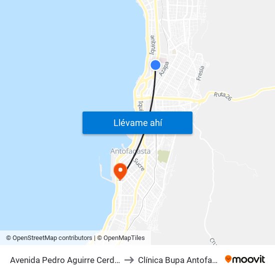 Avenida Pedro Aguirre Cerda, 253 to Clínica Bupa Antofagasta map