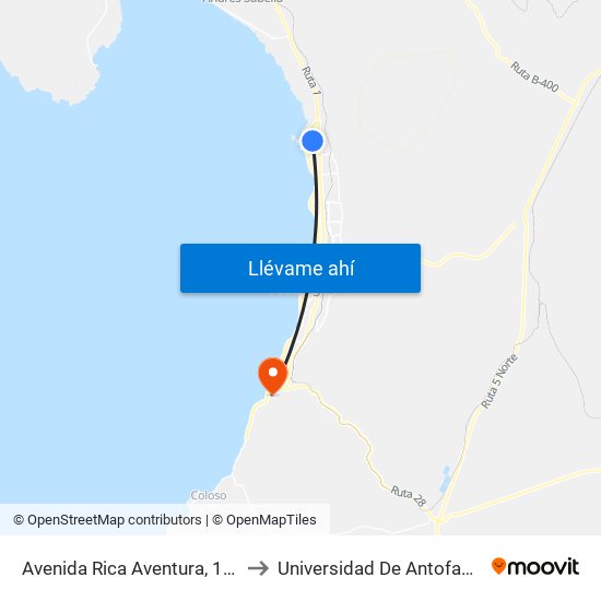 Avenida Rica Aventura, 11435 to Universidad De Antofagasta map