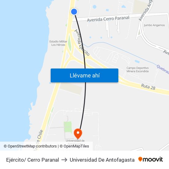 Ejército/ Cerro Paranal to Universidad De Antofagasta map
