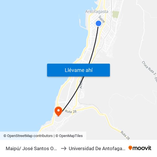 Maipú/ José Santos Ossa to Universidad De Antofagasta map