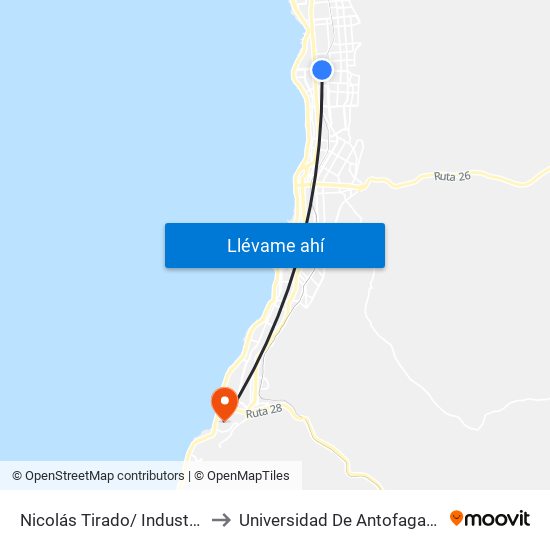 Nicolás Tirado/ Industrial to Universidad De Antofagasta map